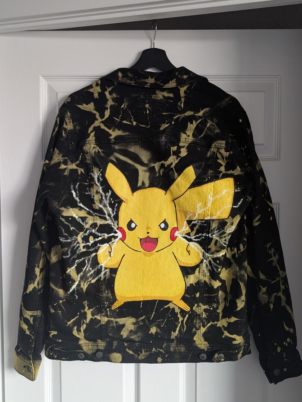Hand-painted Black & Yellow Pikachu Graphic Denim Jacket